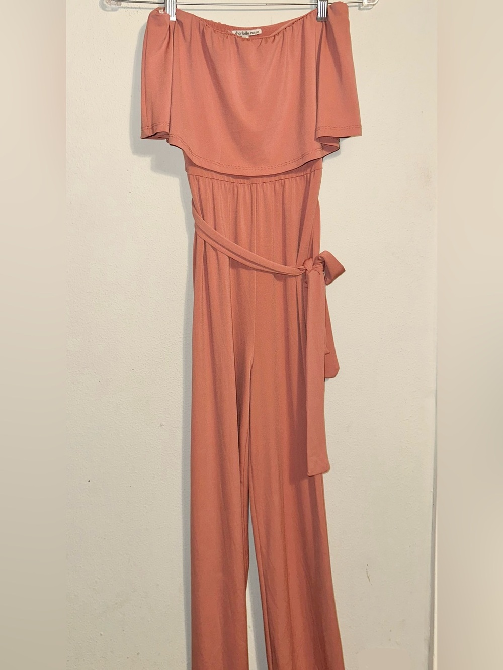 Charlotte Russe Off Shoulder Jumpsuit in Coral